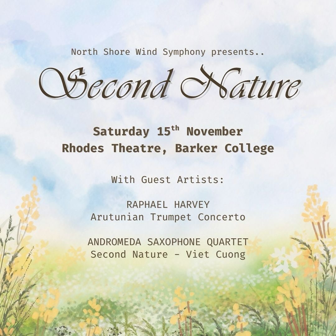 Second Nature concert poster, with guest artists Raphael Harvey and Andromeda Saxophone Quartet